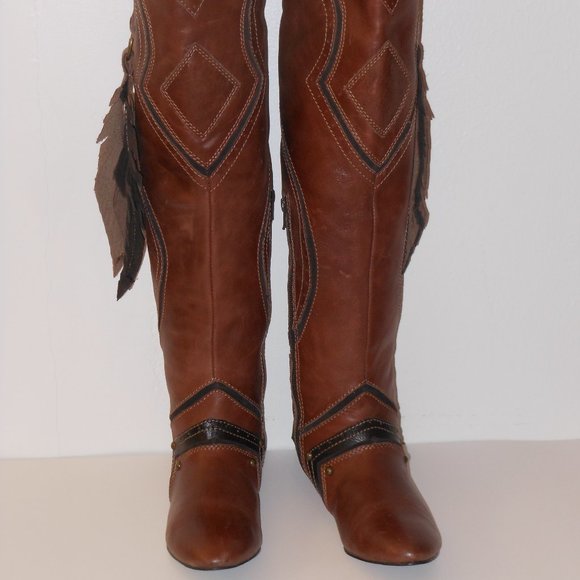 ZIGINY TAN AND BLACK LEATHER KNEE HIGH BOOT LOT SIZE 6.5 MEDIUM - Picture 5 of 16